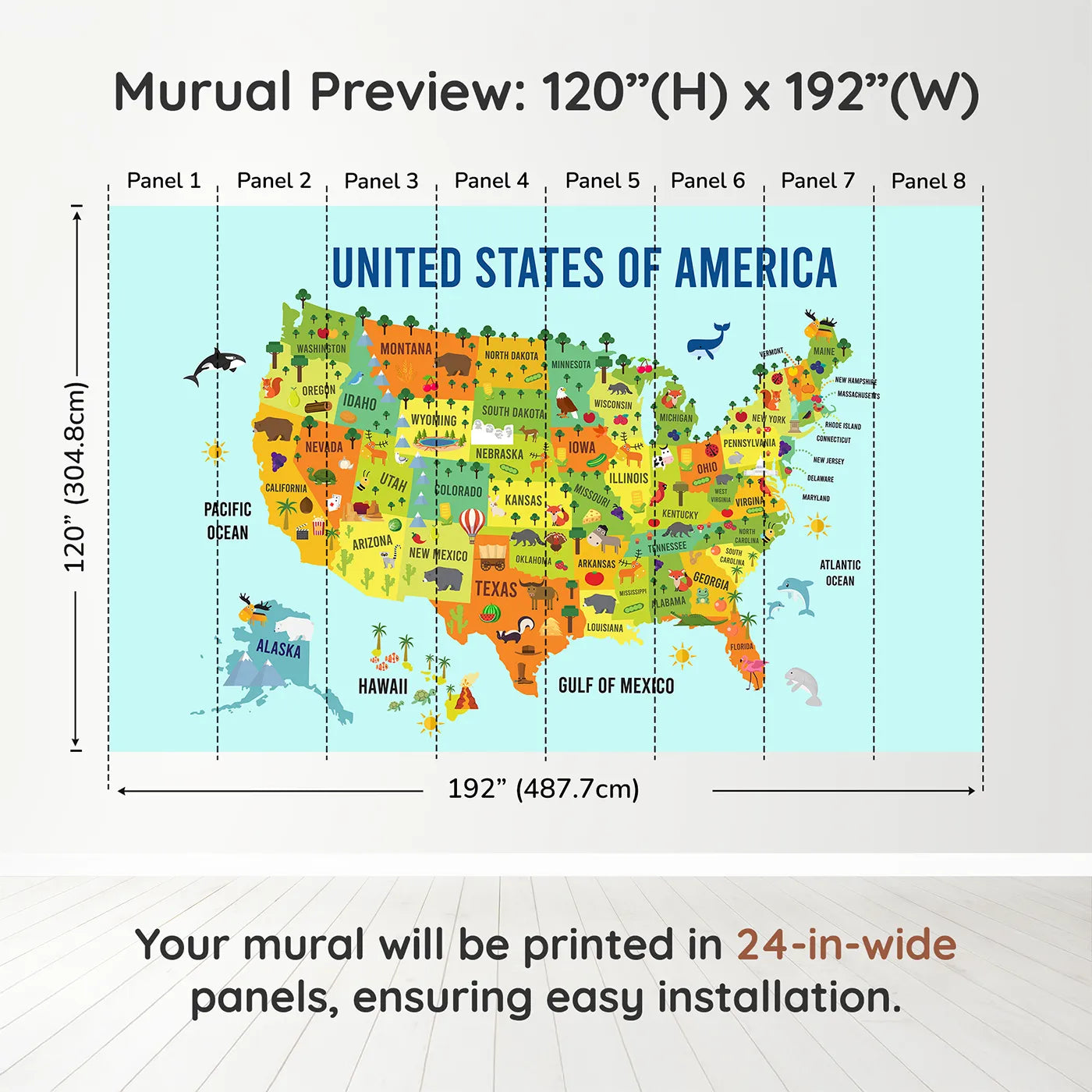 Whimsy Tots USA Map for Kids Wall Muraldimension view (120" H x 192" W). Printed in eight 24-inch-wide panels. Gender-Neutral