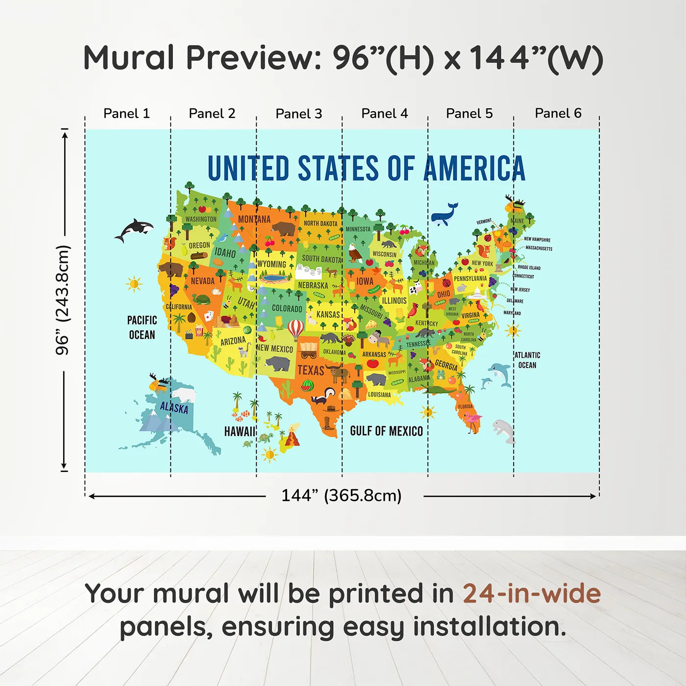 Whimsy Tots USA Map for Kids Wall Muraldimension view (96" H x 144" W). Printed in six 24-inch-wide panels. Gender-Neutral