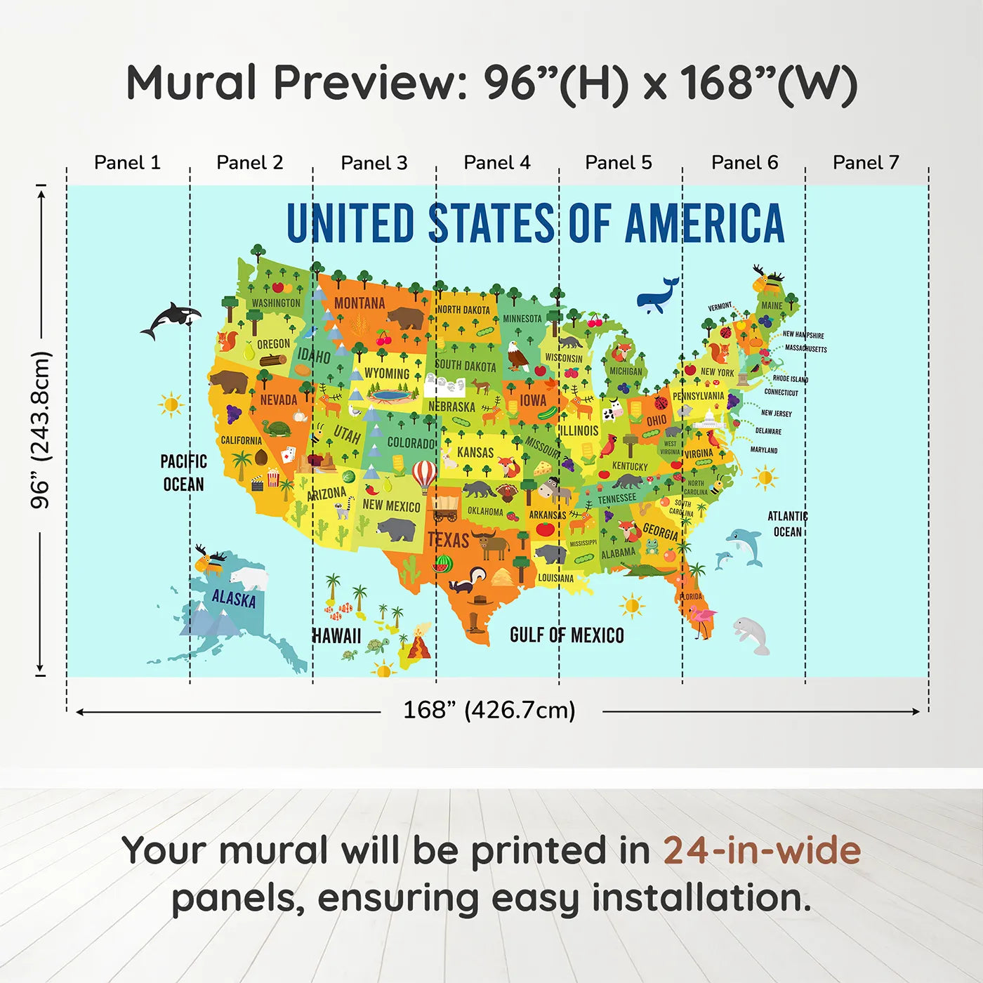 Whimsy Tots USA Map for Kids Wall Muraldimension view (96" H x 168" W). Printed in seven 24-inch-wide panels. Gender-Neutral