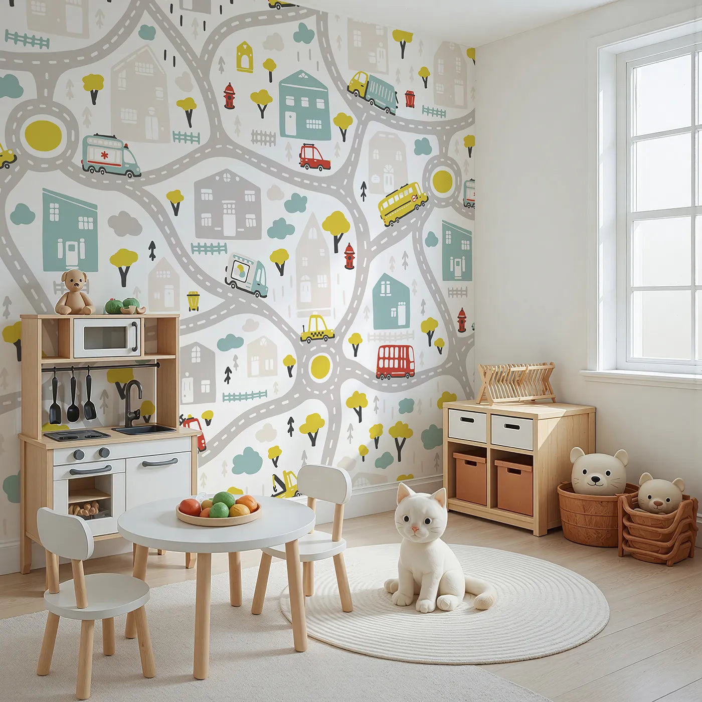 Angled view of Whimsy Tots' Busy Town Emergency Vehicles Wall Mural (Turn Their Room into a City of Little Heroes).Gender-Neutral