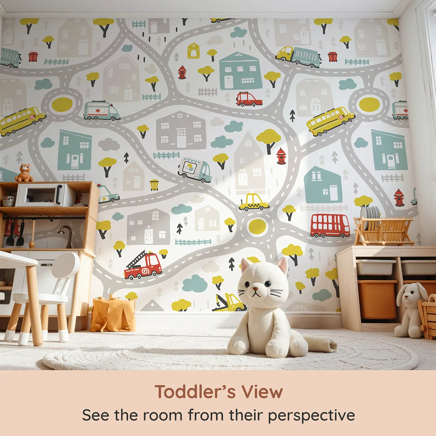 Whimsy Tots Busy Town Emergency Vehicles Wall Mural (Turn Their Room into a City of Little Heroes) from your child's view.Gender-Neutral