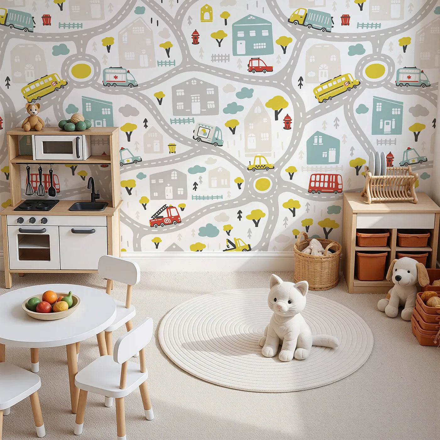 Top-down view of Whimsy Tots' Busy Town Emergency Vehicles Wall Mural (Turn Their Room into a City of Little Heroes).Gender-Neutral