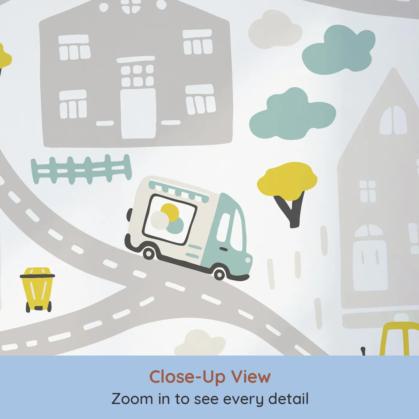 Close-up view of Whimsy Tots' Busy Town Emergency Vehicles Wall Mural (Turn Their Room into a City of Little Heroes).Gender-Neutral