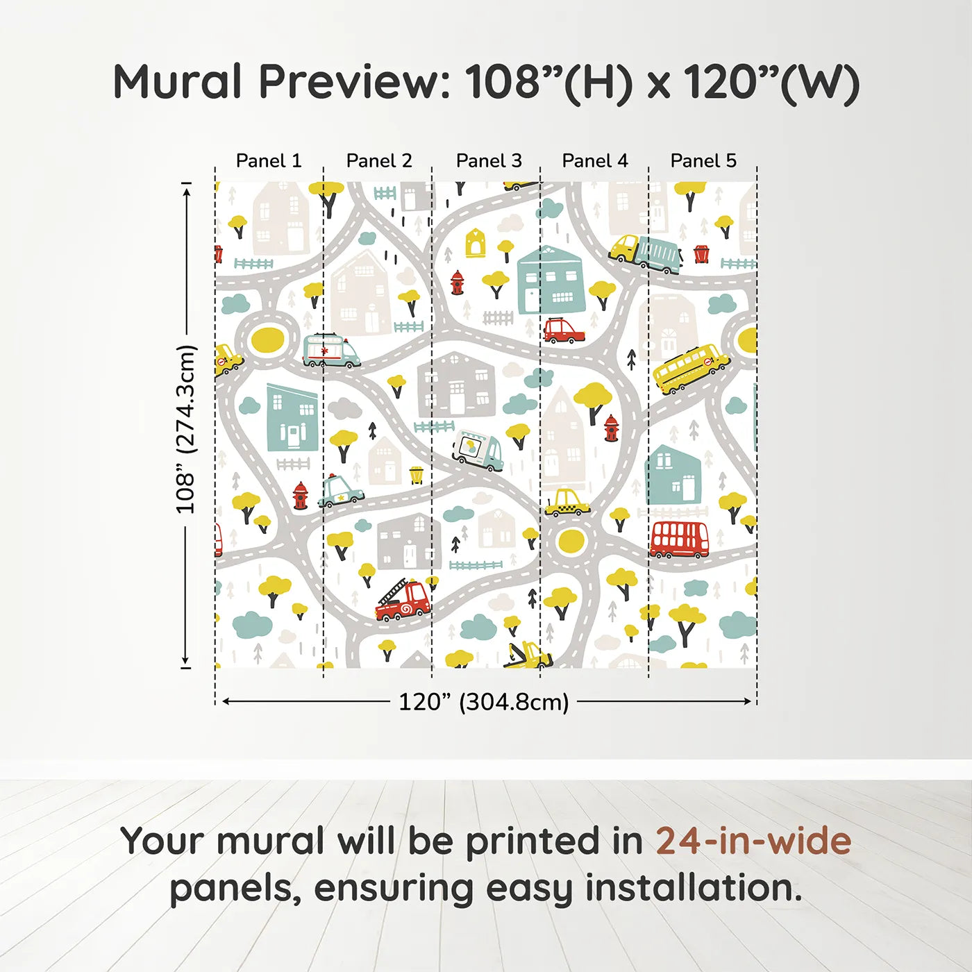 Whimsy Tots Busy Town Emergency Vehicles Wall Muraldimension view (108" H x 120" W). Printed in five 24-inch-wide panels. Gender-Neutral