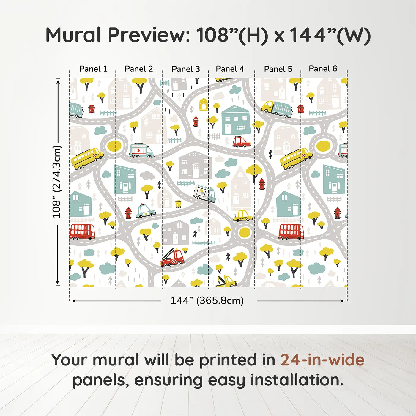 Whimsy Tots Busy Town Emergency Vehicles Wall Muraldimension view (108" H x 144" W). Printed in six 24-inch-wide panels. Gender-Neutral