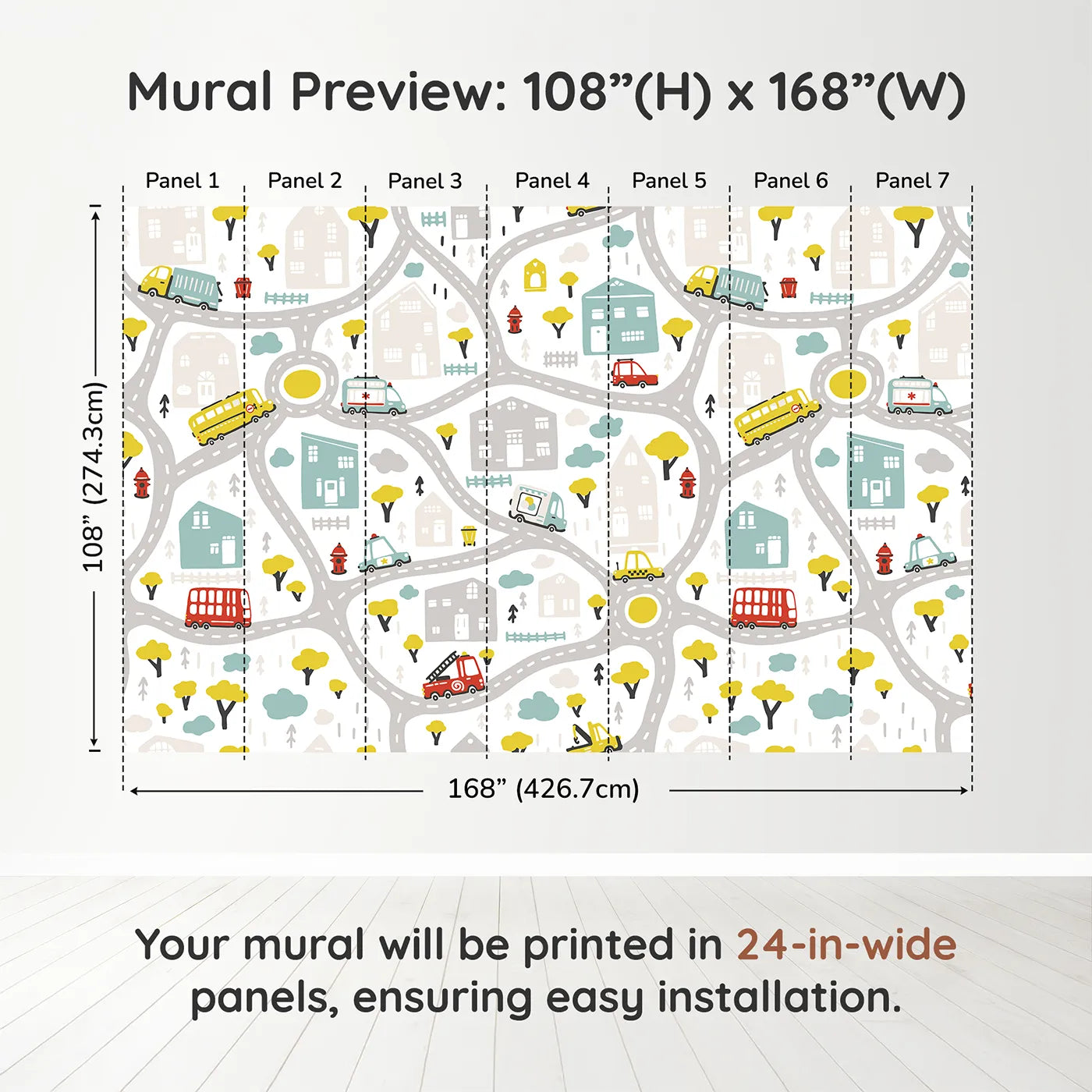 Whimsy Tots Busy Town Emergency Vehicles Wall Muraldimension view (108" H x 168" W). Printed in seven 24-inch-wide panels. Gender-Neutral