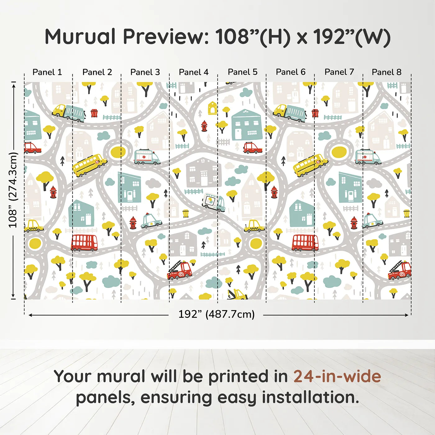 Whimsy Tots Busy Town Emergency Vehicles Wall Muraldimension view (108" H x 192" W). Printed in eight 24-inch-wide panels. Gender-Neutral