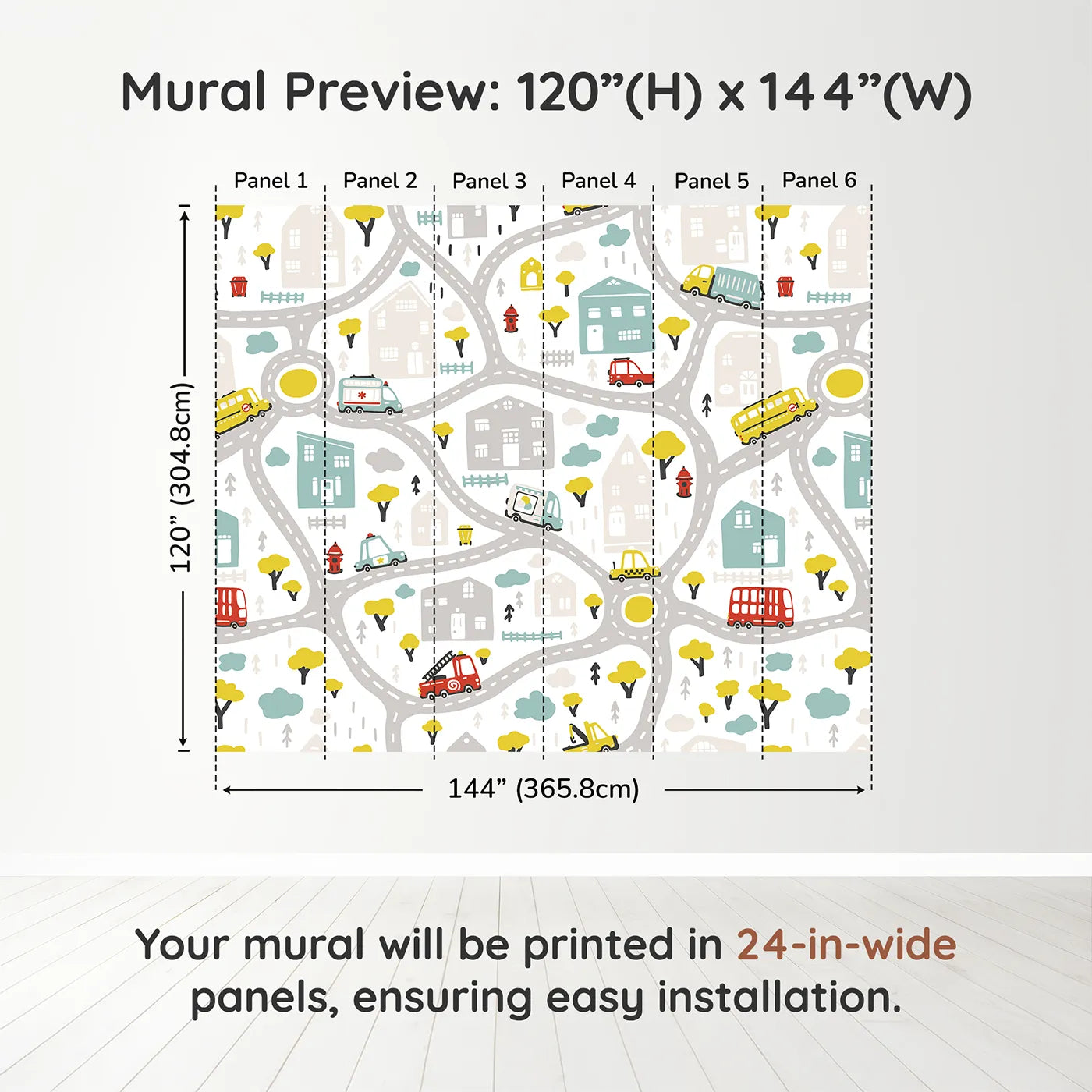 Whimsy Tots Busy Town Emergency Vehicles Wall Muraldimension view (120" H x 144" W). Printed in six 24-inch-wide panels. Gender-Neutral