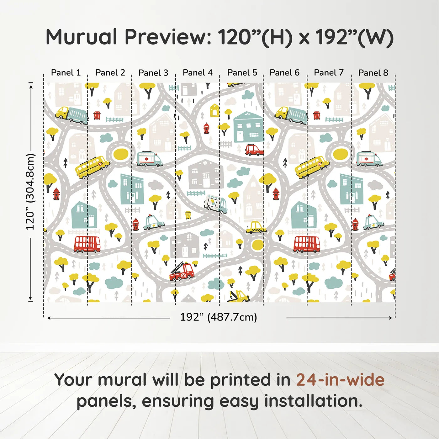 Whimsy Tots Busy Town Emergency Vehicles Wall Muraldimension view (120" H x 192" W). Printed in eight 24-inch-wide panels. Gender-Neutral