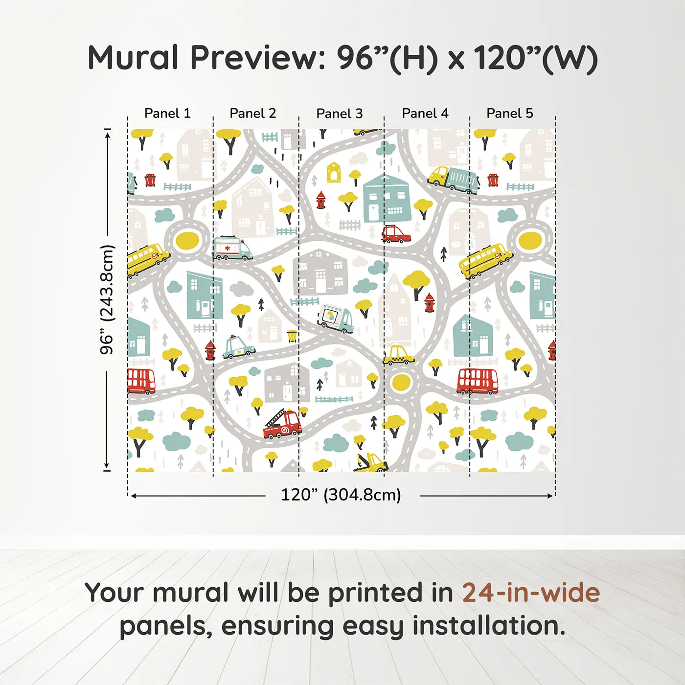 Whimsy Tots Busy Town Emergency Vehicles Wall Muraldimension view (96" H x 120" W). Printed in five 24-inch-wide panels. Gender-Neutral