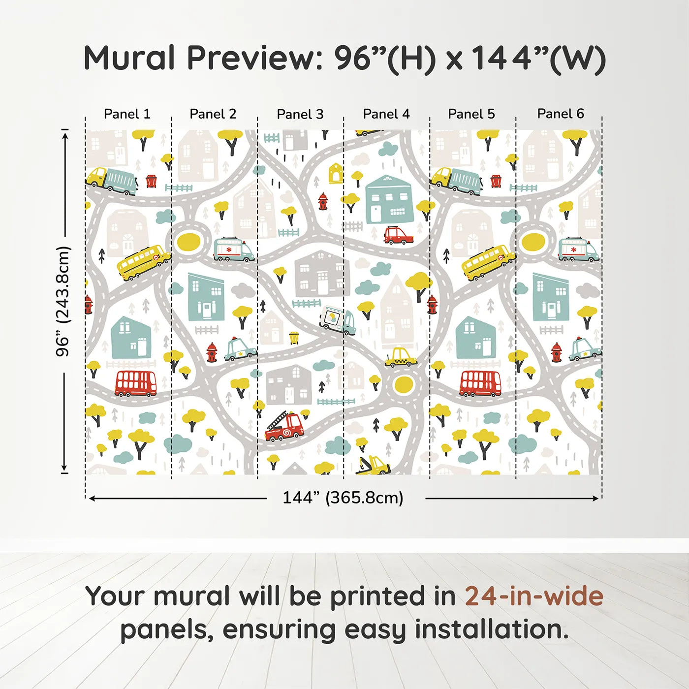 Whimsy Tots Busy Town Emergency Vehicles Wall Muraldimension view (96" H x 144" W). Printed in six 24-inch-wide panels. Gender-Neutral