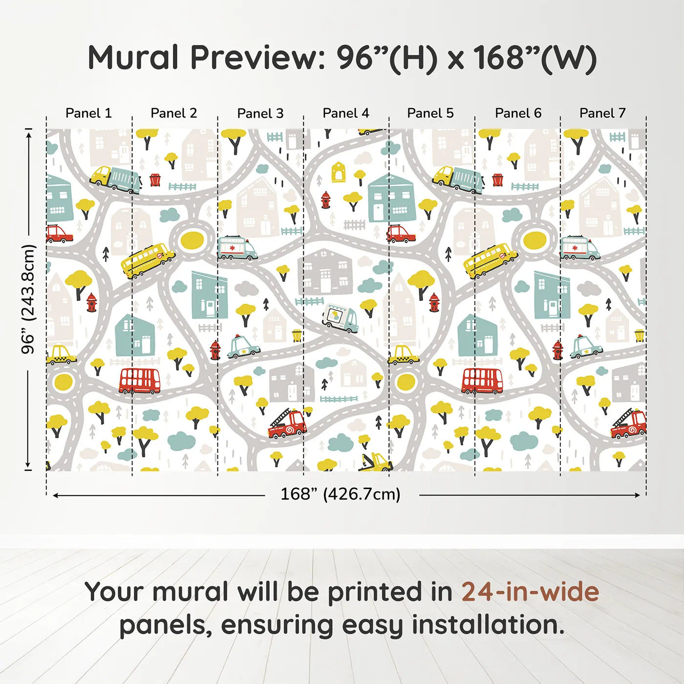 Whimsy Tots Busy Town Emergency Vehicles Wall Muraldimension view (96" H x 168" W). Printed in seven 24-inch-wide panels. Gender-Neutral