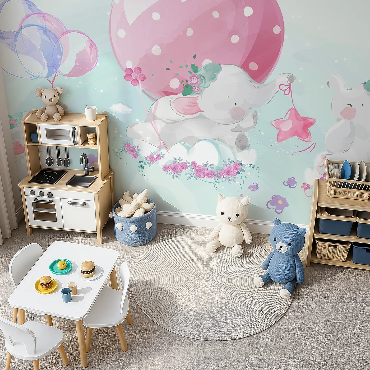 Top-down view of Whimsy Tots' Elephant Dreams Wall Mural (Turn Their Room into a Sweet and Gentle Dreamscape).Gender-Neutral