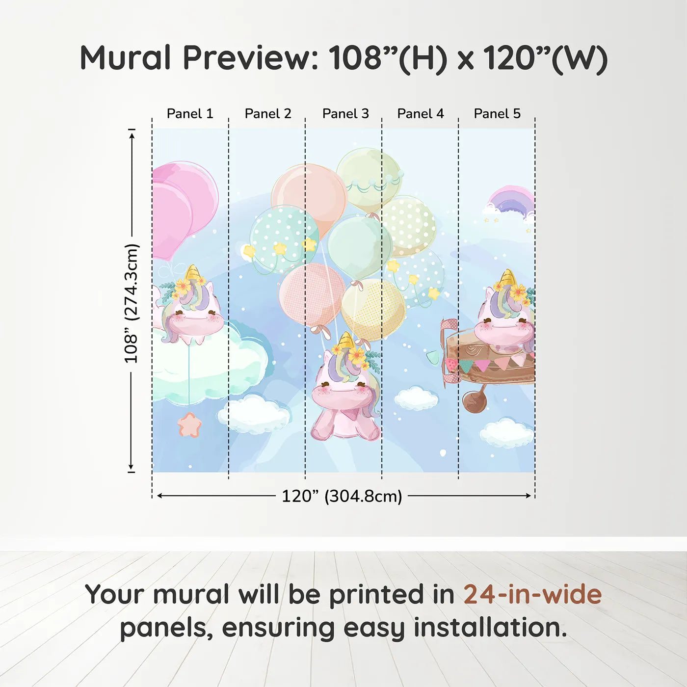 Whimsy Tots Unicorn Sky Party Wall Muraldimension view (108" H x 120" W). Printed in five 24-inch-wide panels. Best for Girls