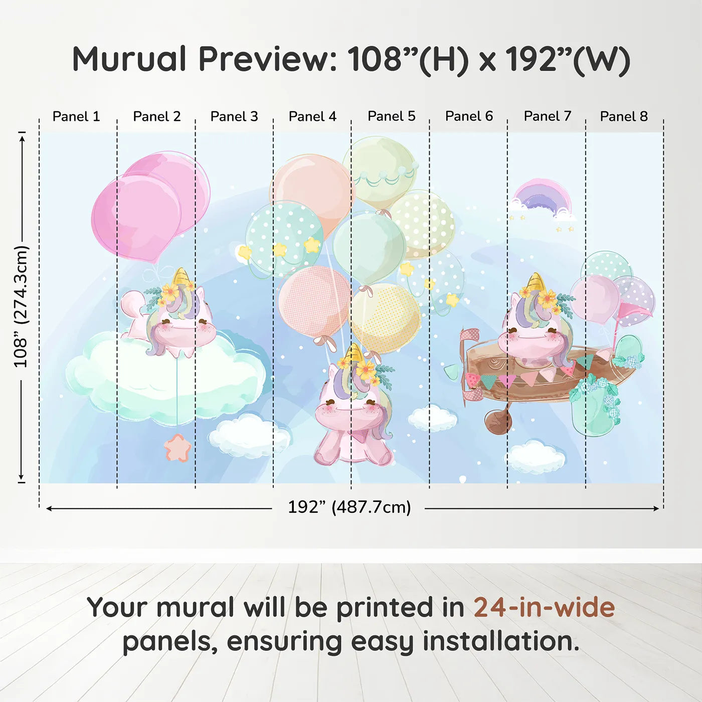 Whimsy Tots Unicorn Sky Party Wall Muraldimension view (108" H x 192" W). Printed in eight 24-inch-wide panels. Best for Girls
