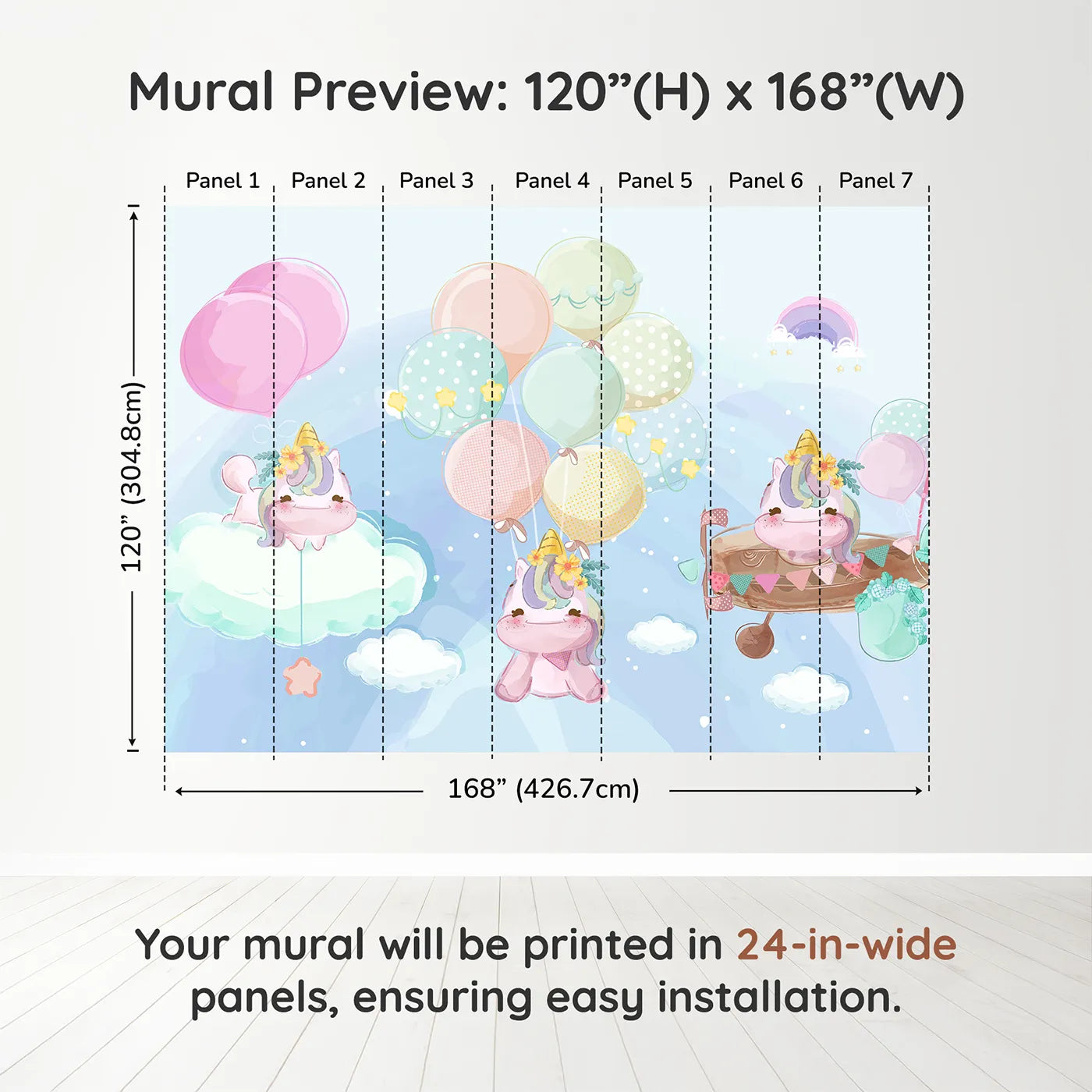 Whimsy Tots Unicorn Sky Party Wall Muraldimension view (120" H x 168" W). Printed in seven 24-inch-wide panels. Best for Girls