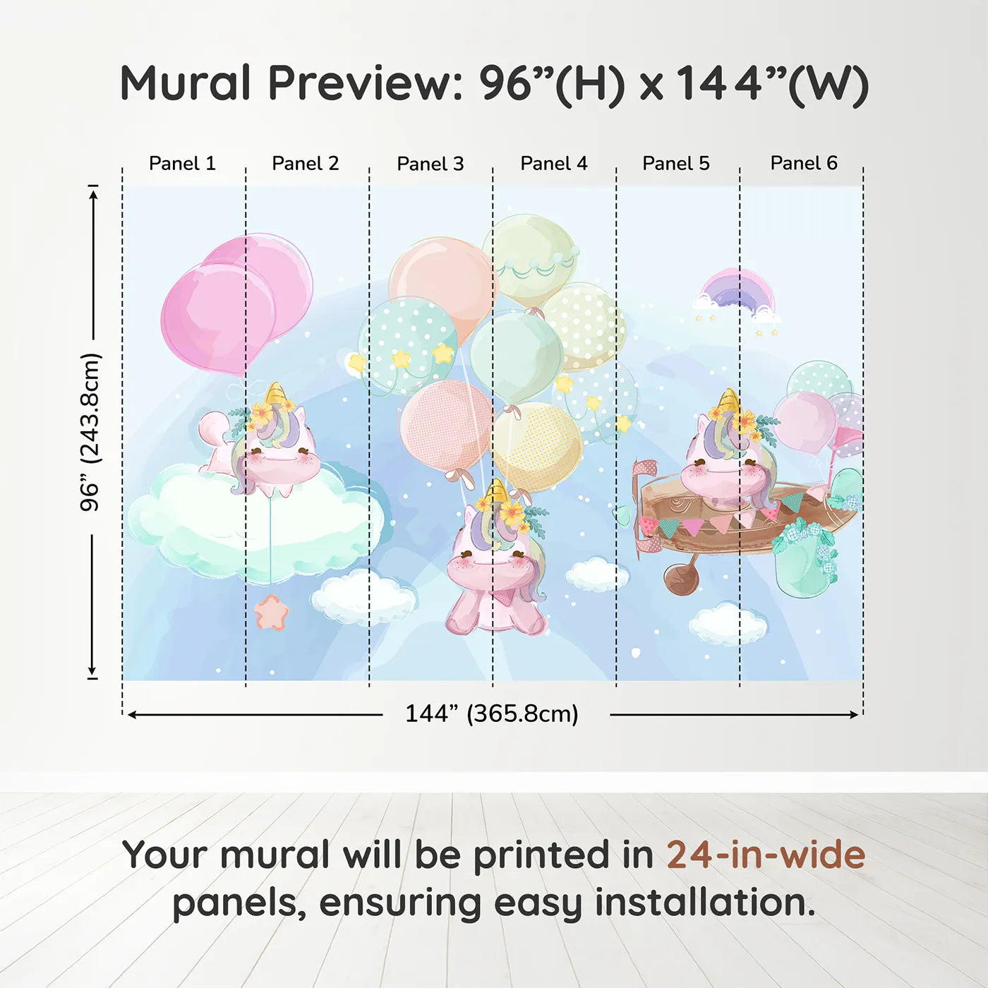 Whimsy Tots Unicorn Sky Party Wall Muraldimension view (96" H x 144" W). Printed in six 24-inch-wide panels. Best for Girls