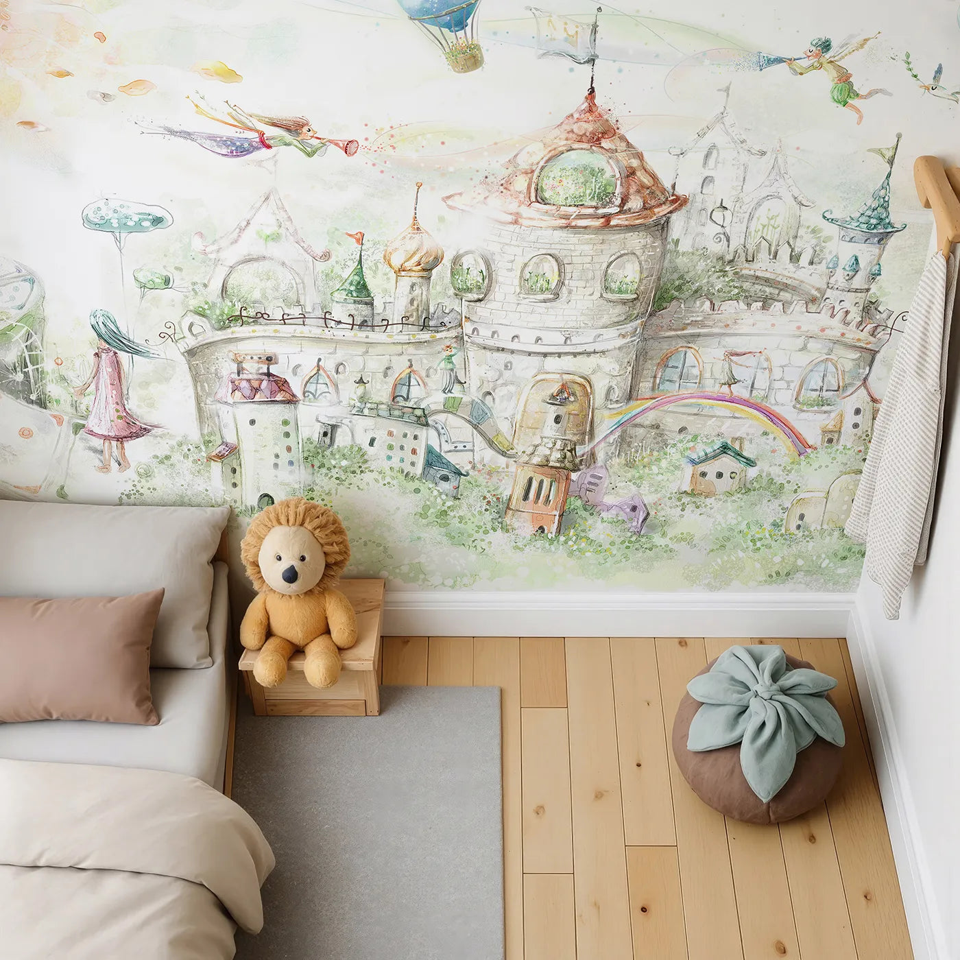 Top-down view of Whimsy Tots' Fairytale Kingdom Wall Mural (Turn Their Room into a Sprawling Magical World).Gender-Neutral
