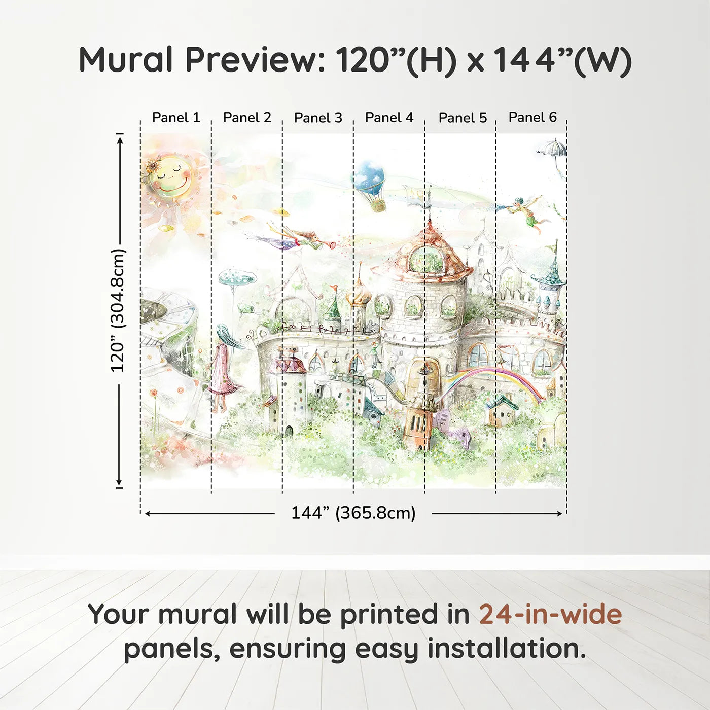 Whimsy Tots Fairytale Kingdom Wall Muraldimension view (120" H x 144" W). Printed in six 24-inch-wide panels. Gender-Neutral