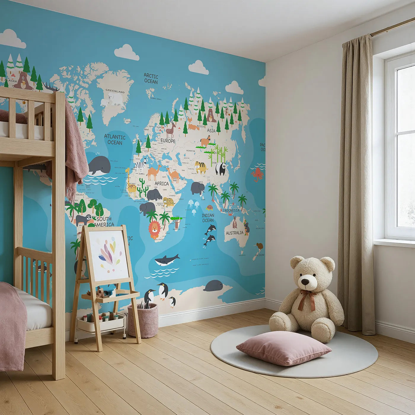 Angled view of Whimsy Tots' Animal World Map Adventure Wall Mural (Turn Their Room into a Trip Around the Globe).Gender-Neutral