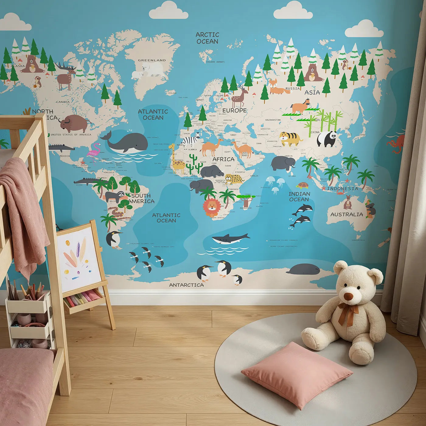 Top-down view of Whimsy Tots' Animal World Map Adventure Wall Mural (Turn Their Room into a Trip Around the Globe).Gender-Neutral