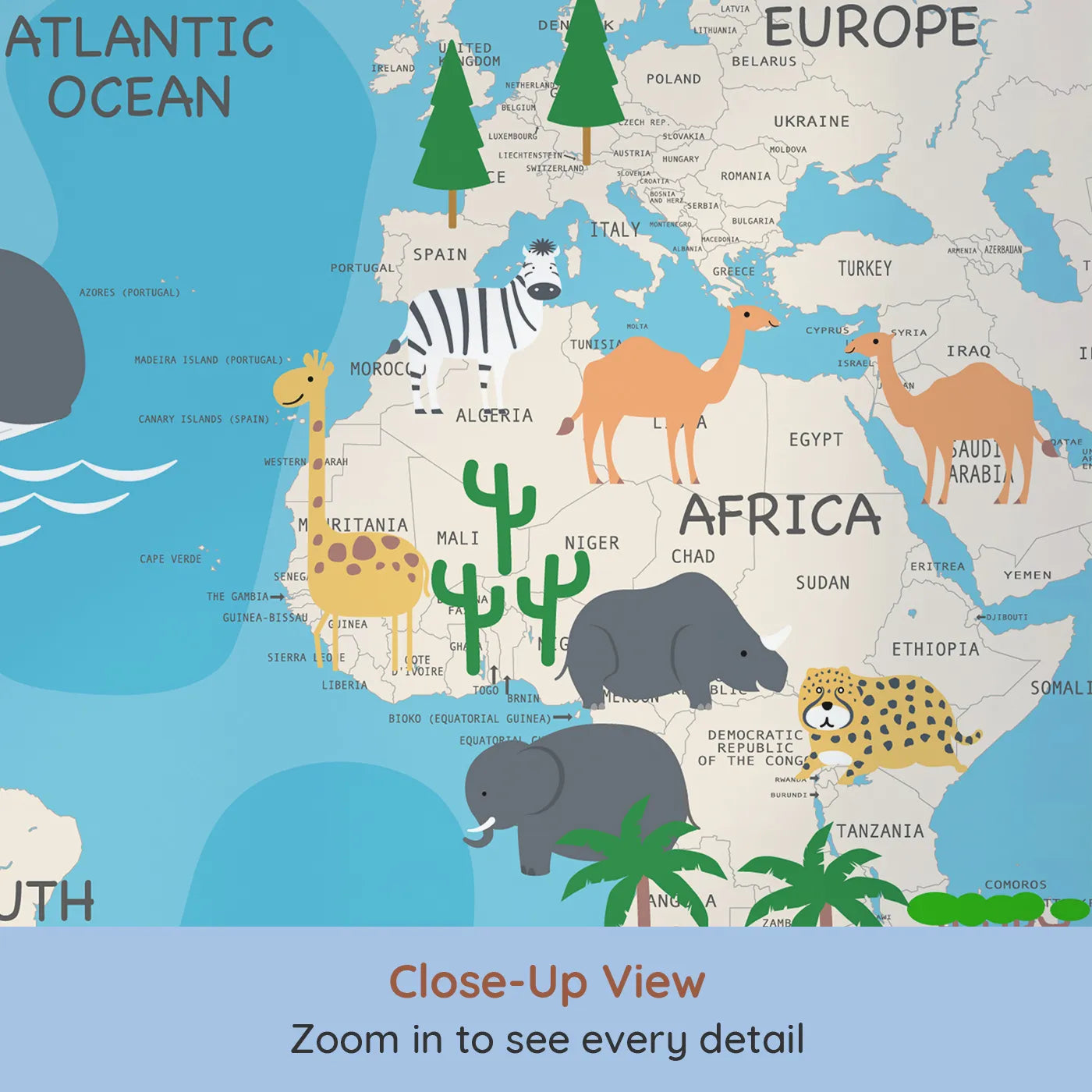 Close-up view of Whimsy Tots' Animal World Map Adventure Wall Mural (Turn Their Room into a Trip Around the Globe).Gender-Neutral