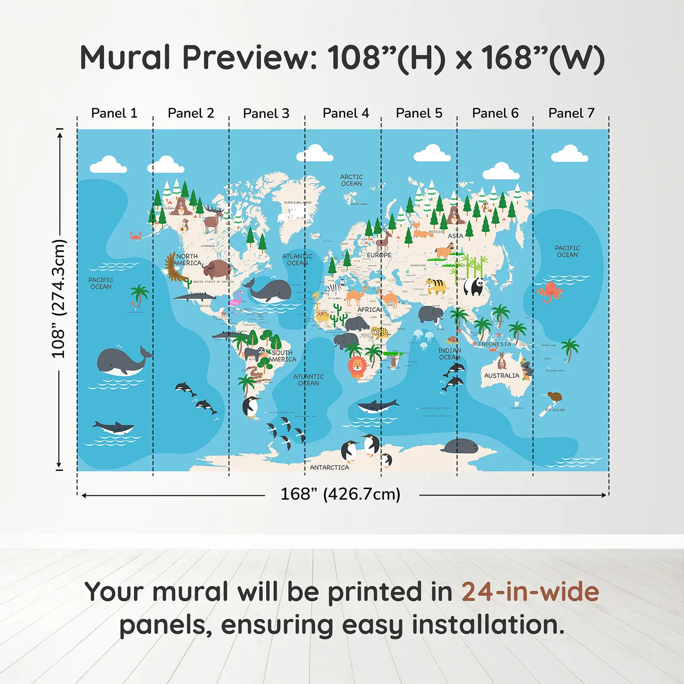 Whimsy Tots Animal World Map Adventure Wall Muraldimension view (108" H x 168" W). Printed in seven 24-inch-wide panels. Gender-Neutral
