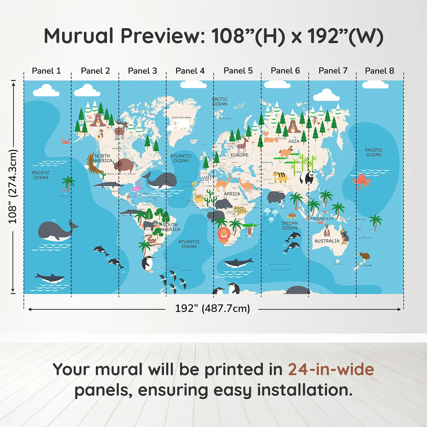 Whimsy Tots Animal World Map Adventure Wall Muraldimension view (108" H x 192" W). Printed in eight 24-inch-wide panels. Gender-Neutral