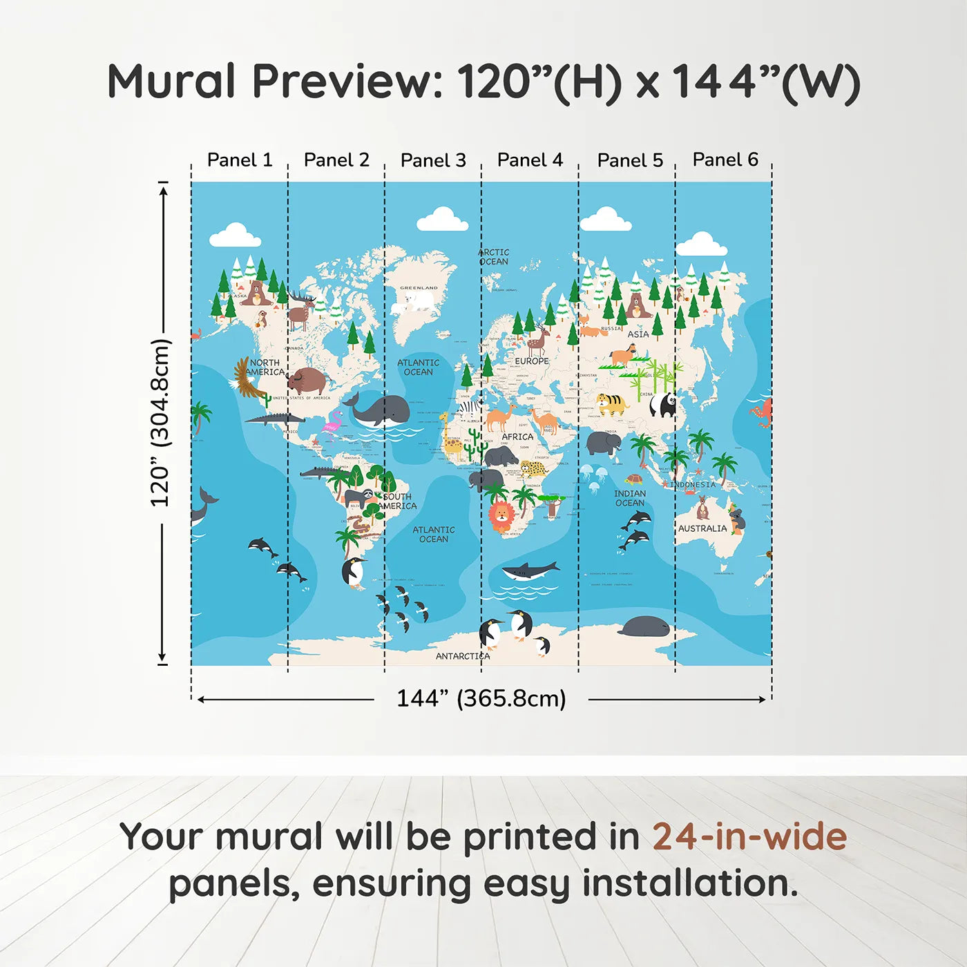 Whimsy Tots Animal World Map Adventure Wall Muraldimension view (120" H x 144" W). Printed in six 24-inch-wide panels. Gender-Neutral