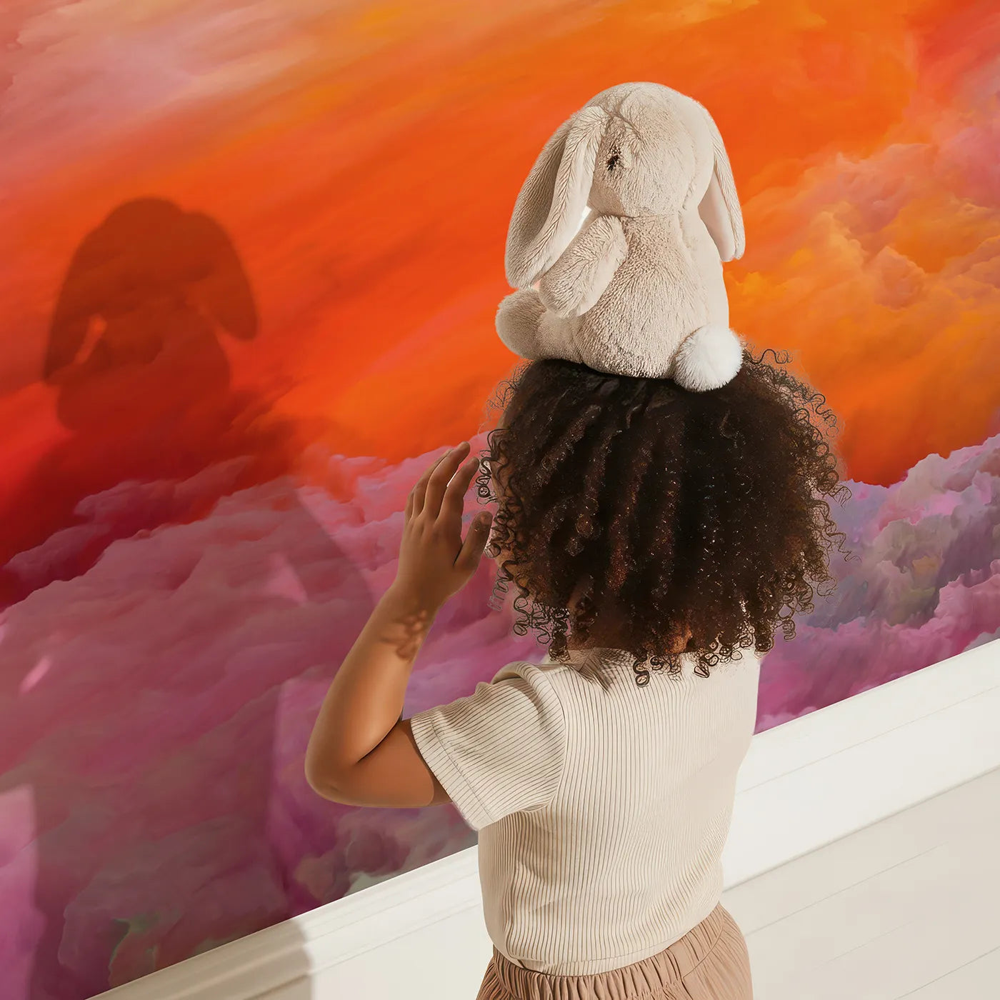 Child in front of Whimsy Tots Abstract Painted Sky Wall Mural with abstract, paint, color, sky, landscape, orange, blue, cloud in design.