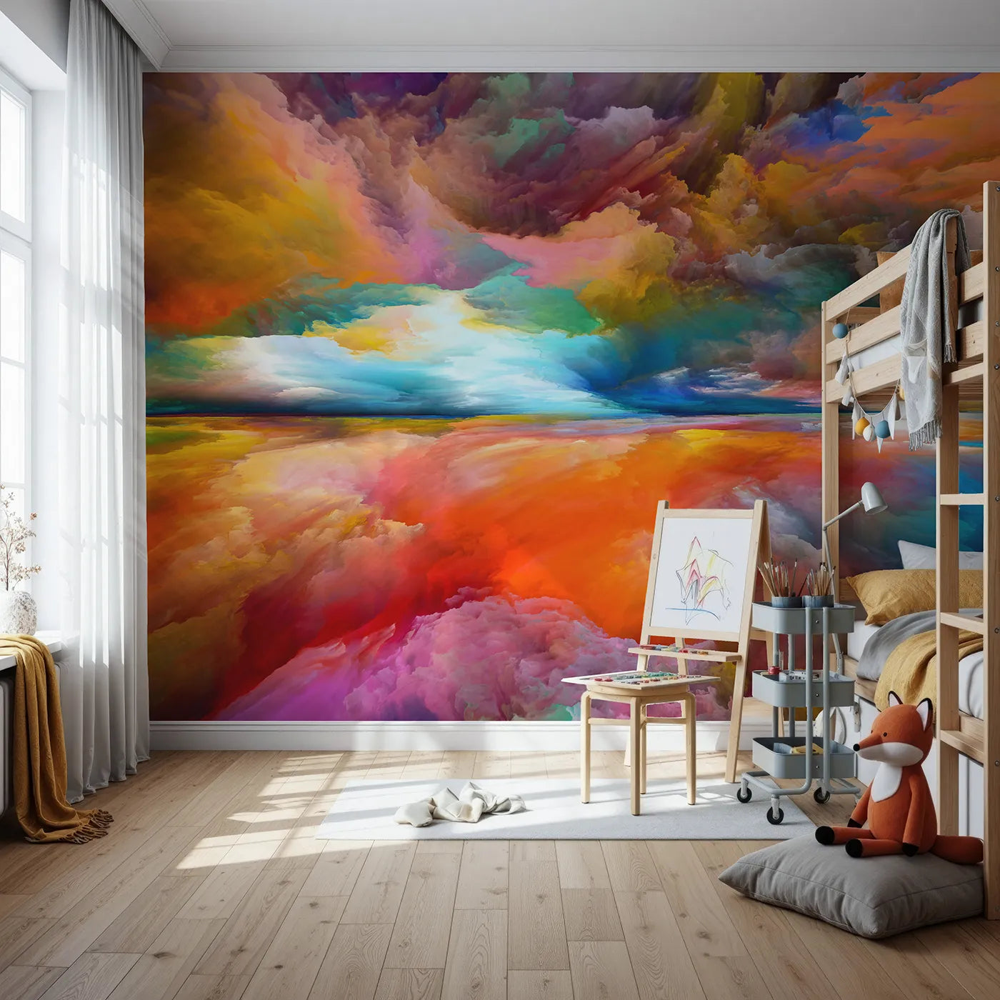 Front view of Whimsy Tots' Abstract Painted Sky Wall Mural