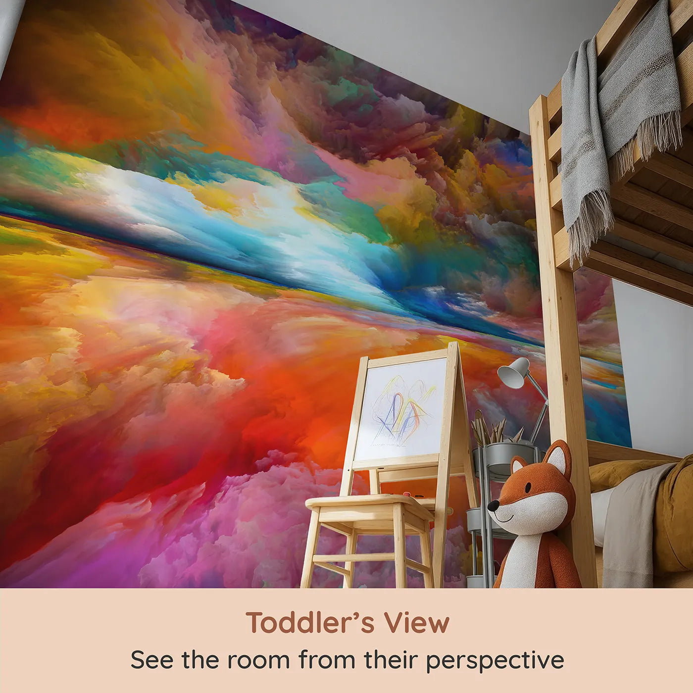 Whimsy Tots Abstract Painted Sky Wall Mural (Turn Their Room into a Storm of Beautiful Color) from your child's view.Gender-Neutral
