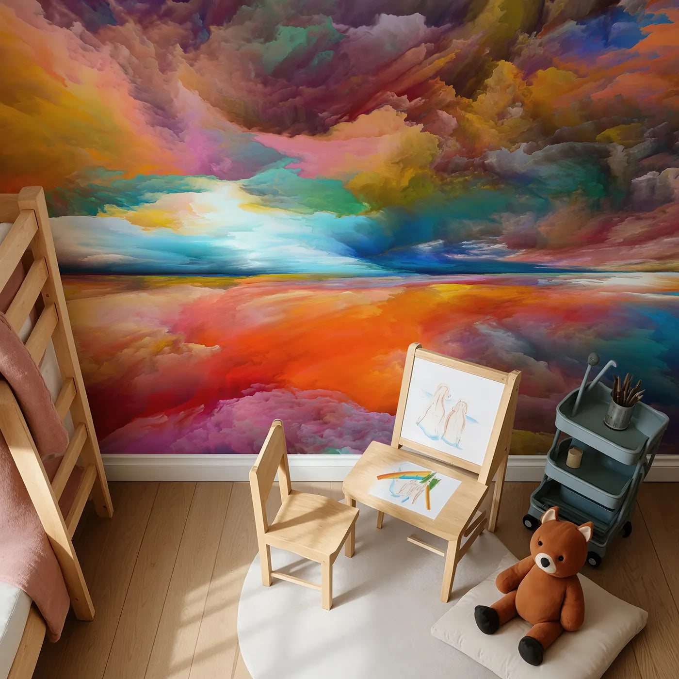 Top-down view of Whimsy Tots' Abstract Painted Sky Wall Mural (Turn Their Room into a Storm of Beautiful Color).Gender-Neutral