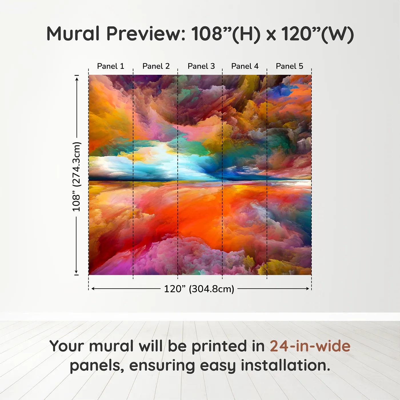 Whimsy Tots Abstract Painted Sky Wall Muraldimension view (108" H x 120" W). Printed in five 24-inch-wide panels. Gender-Neutral