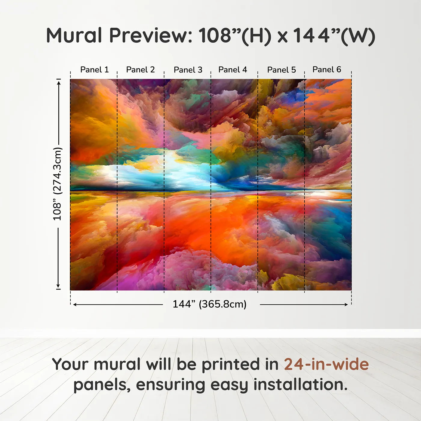 Whimsy Tots Abstract Painted Sky Wall Muraldimension view (108" H x 144" W). Printed in six 24-inch-wide panels. Gender-Neutral