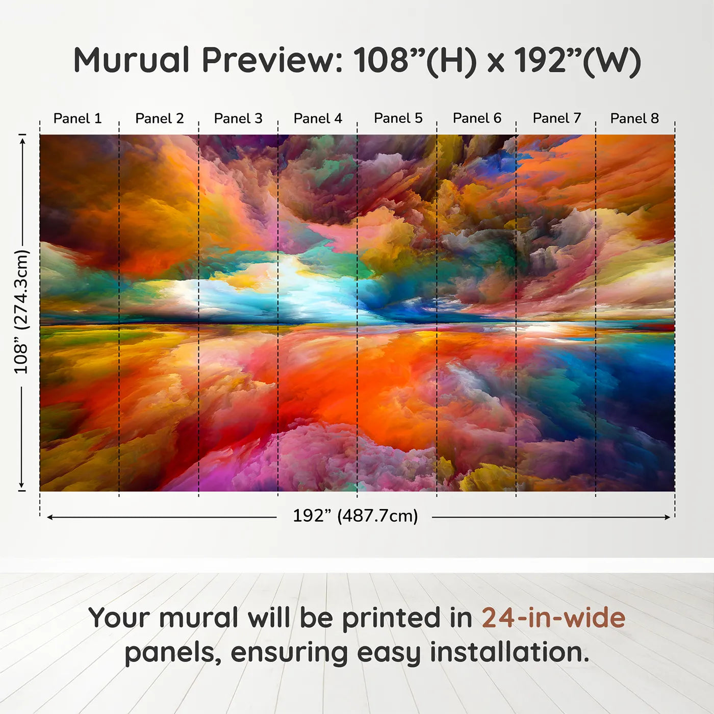 Whimsy Tots Abstract Painted Sky Wall Muraldimension view (108" H x 192" W). Printed in eight 24-inch-wide panels. Gender-Neutral