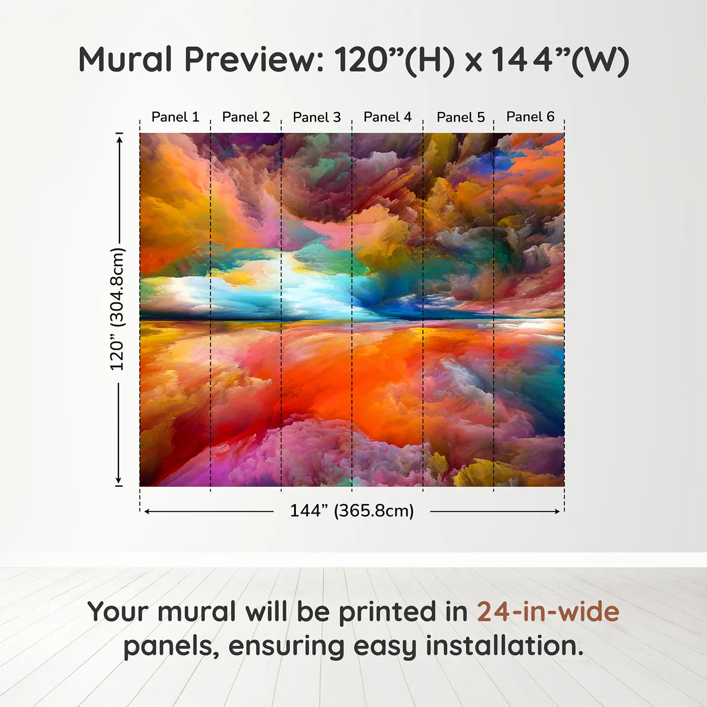 Whimsy Tots Abstract Painted Sky Wall Muraldimension view (120" H x 144" W). Printed in six 24-inch-wide panels. Gender-Neutral
