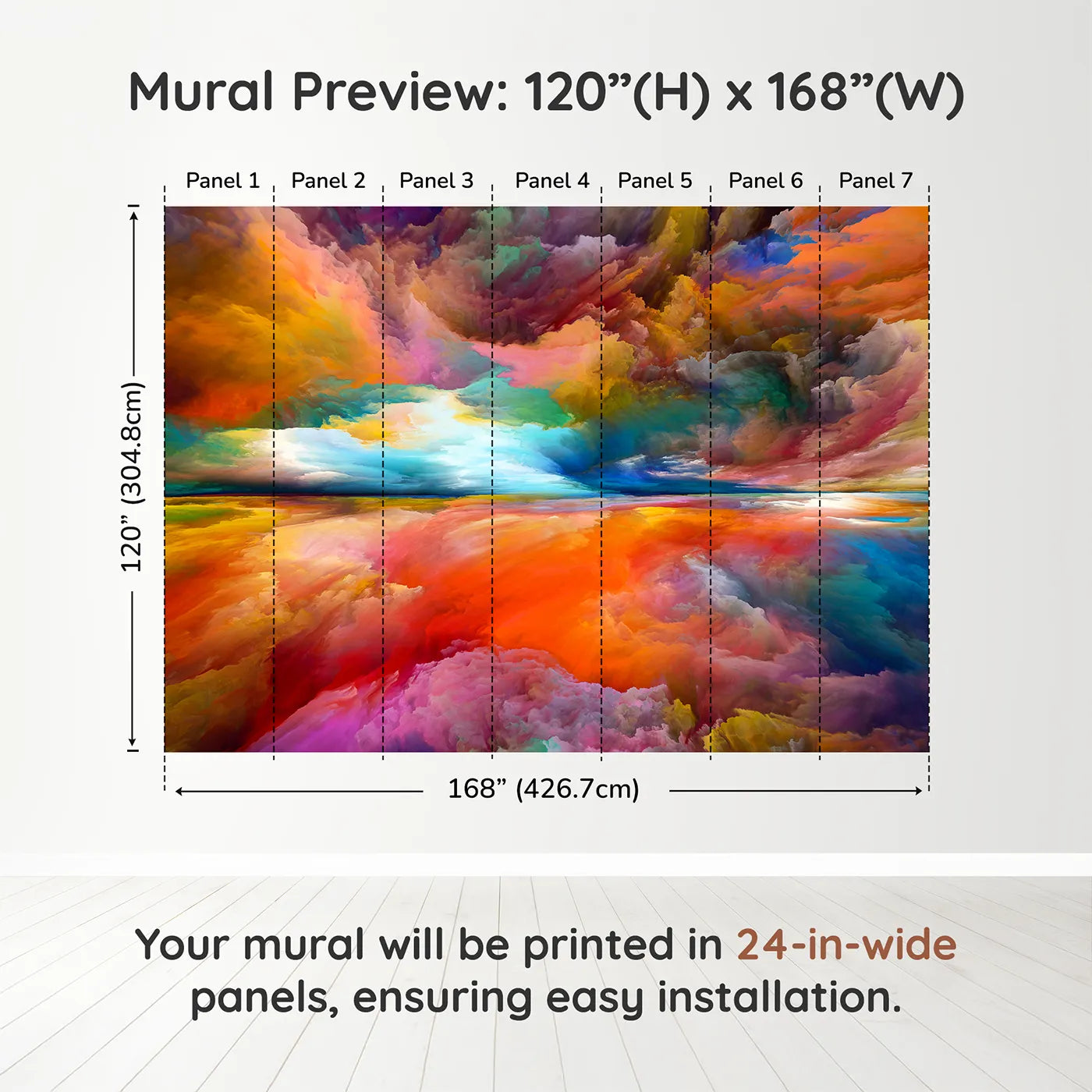 Whimsy Tots Abstract Painted Sky Wall Muraldimension view (120" H x 168" W). Printed in seven 24-inch-wide panels. Gender-Neutral