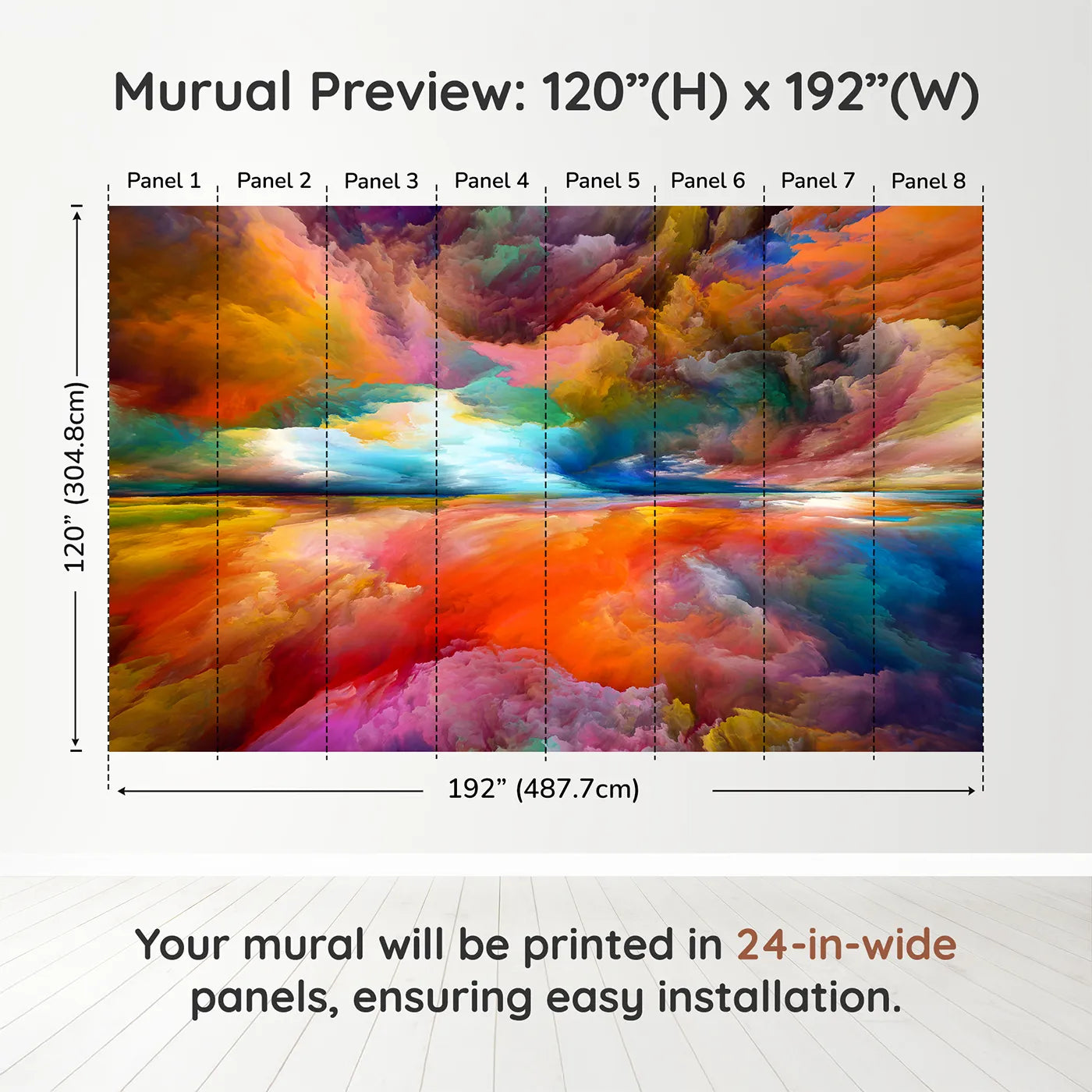 Whimsy Tots Abstract Painted Sky Wall Muraldimension view (120" H x 192" W). Printed in eight 24-inch-wide panels. Gender-Neutral