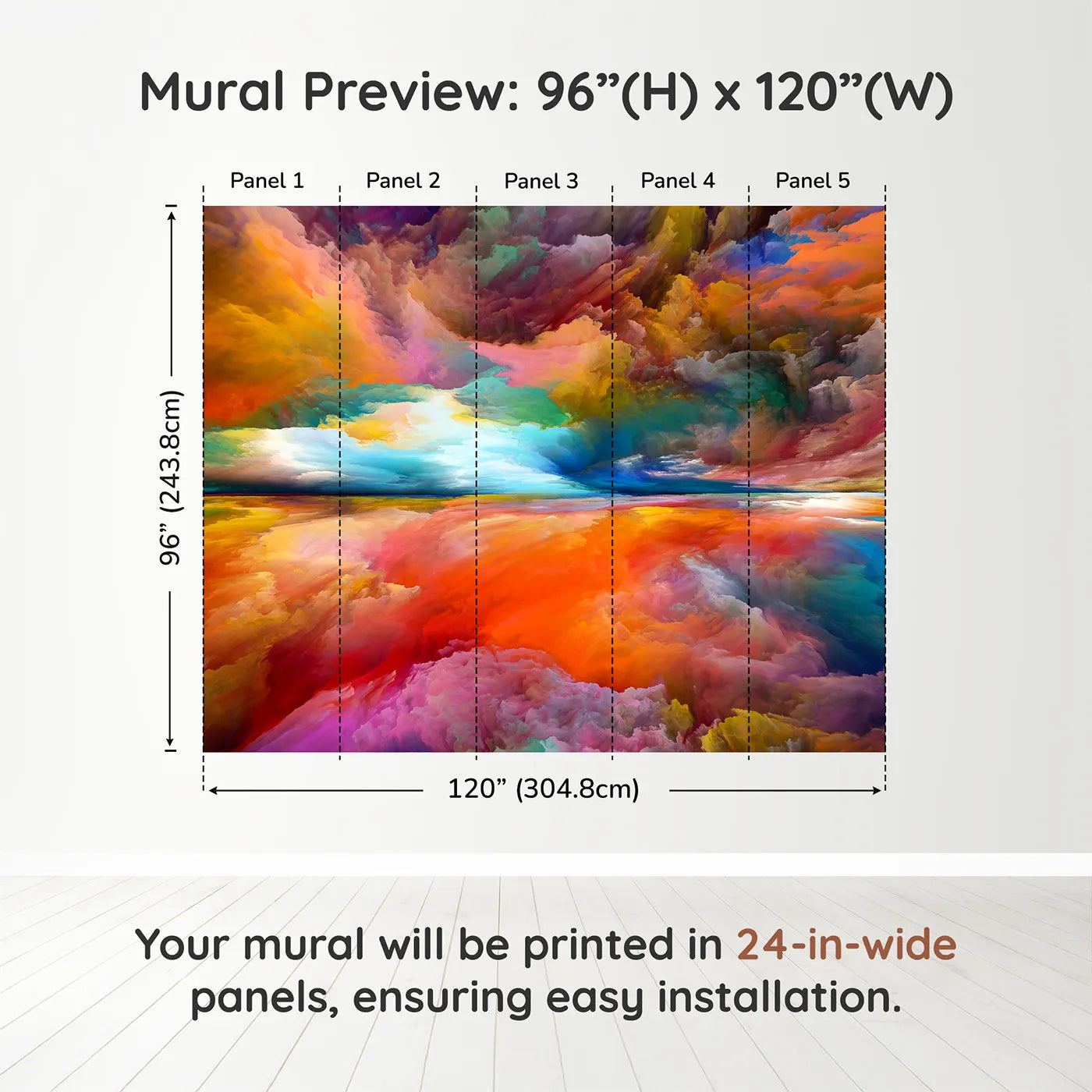 Whimsy Tots Abstract Painted Sky Wall Muraldimension view (96" H x 120" W). Printed in five 24-inch-wide panels. Gender-Neutral