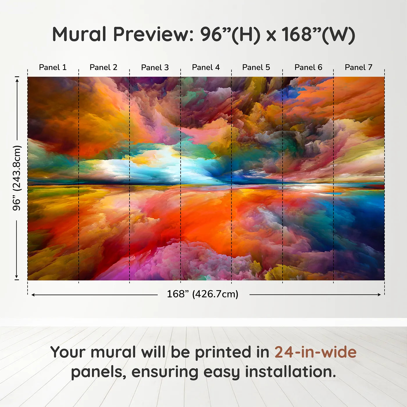 Whimsy Tots Abstract Painted Sky Wall Muraldimension view (96" H x 168" W). Printed in seven 24-inch-wide panels. Gender-Neutral