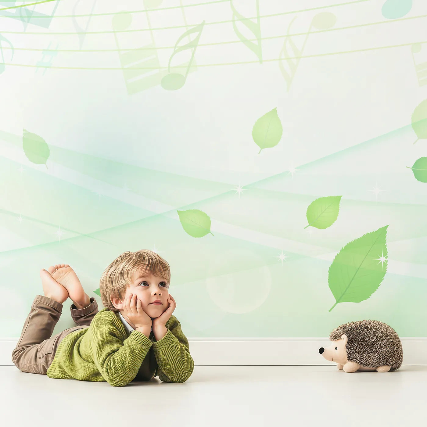 Child in front of Whimsy Tots Whispering Leaves Melody Wall Mural with music, note, leaf, green, nature, melody, sparkle, fresh in design.