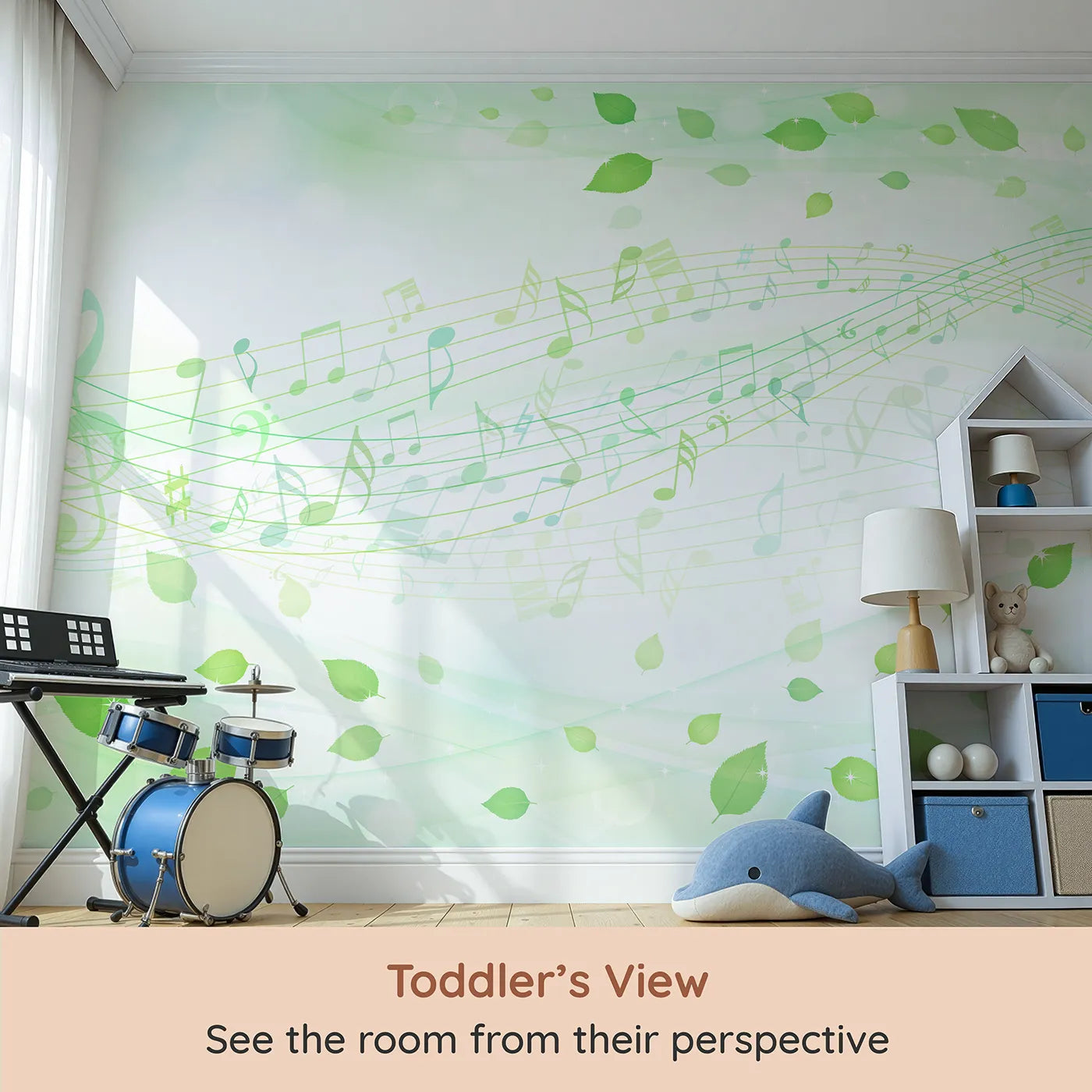 Whimsy Tots Whispering Leaves Melody Wall Mural (Turn Their Room into a Gentle, Musical Breeze) from your child's view.Gender-Neutral