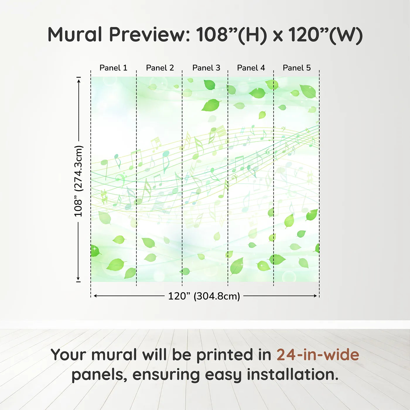 Whimsy Tots Whispering Leaves Melody Wall Muraldimension view (108" H x 120" W). Printed in five 24-inch-wide panels. Gender-Neutral