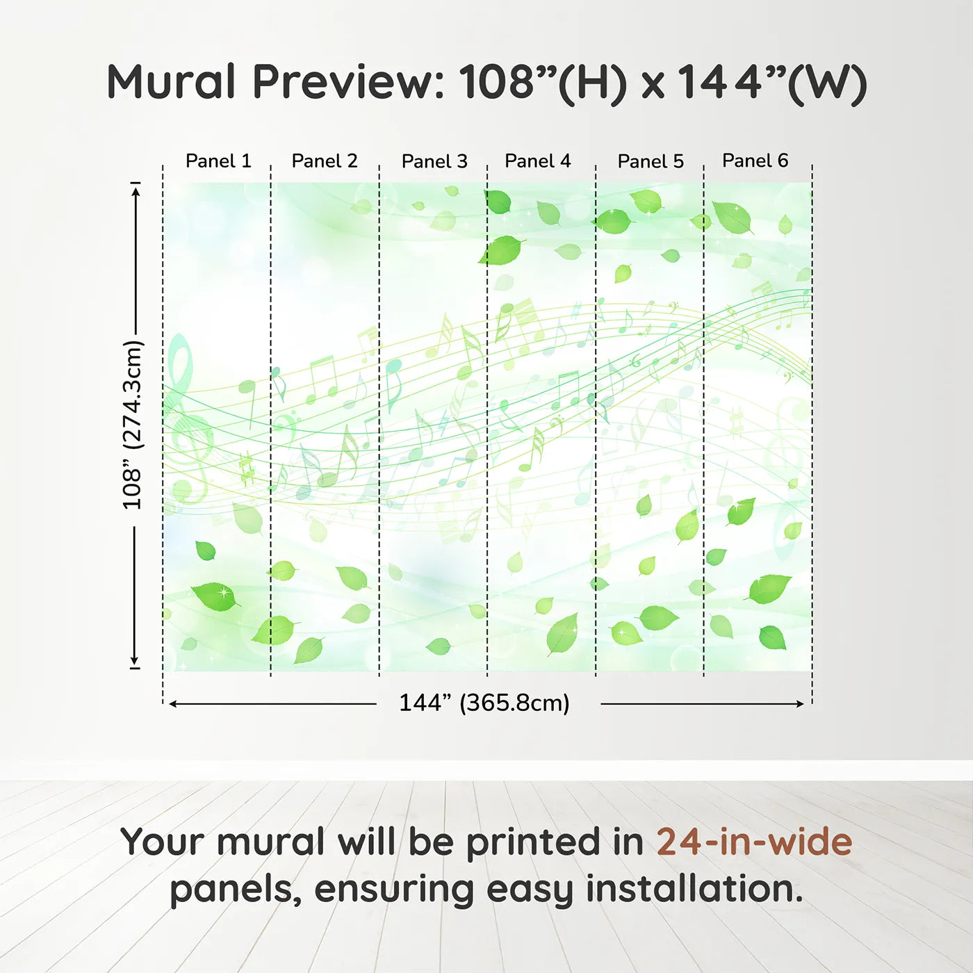 Whimsy Tots Whispering Leaves Melody Wall Muraldimension view (108" H x 144" W). Printed in six 24-inch-wide panels. Gender-Neutral