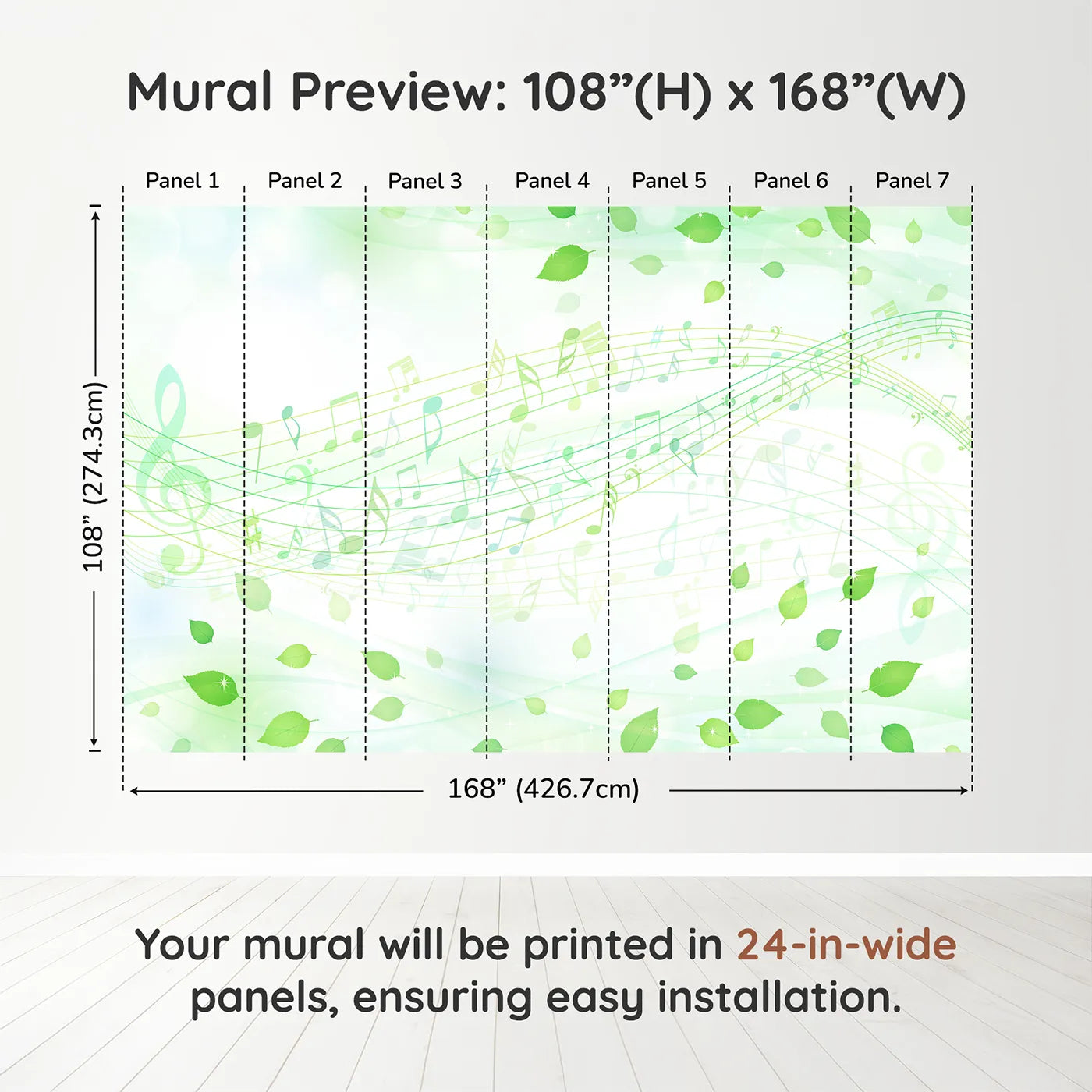 Whimsy Tots Whispering Leaves Melody Wall Muraldimension view (108" H x 168" W). Printed in seven 24-inch-wide panels. Gender-Neutral