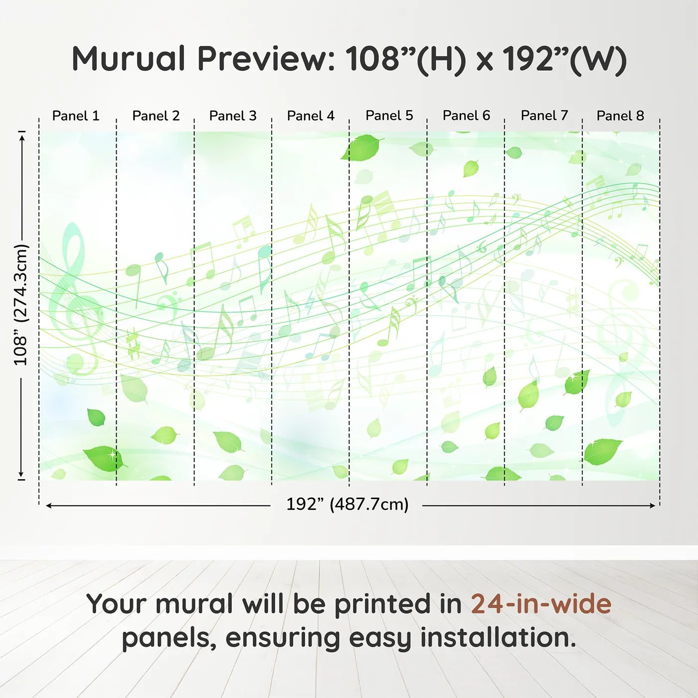 Whimsy Tots Whispering Leaves Melody Wall Muraldimension view (108" H x 192" W). Printed in eight 24-inch-wide panels. Gender-Neutral