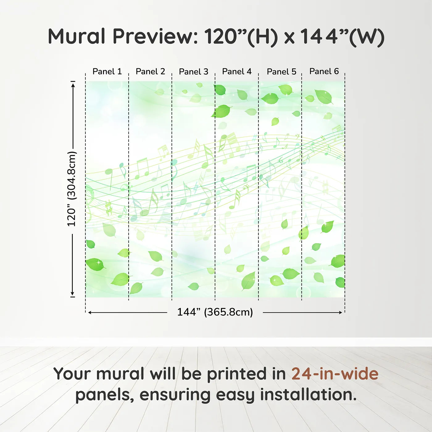 Whimsy Tots Whispering Leaves Melody Wall Muraldimension view (120" H x 144" W). Printed in six 24-inch-wide panels. Gender-Neutral