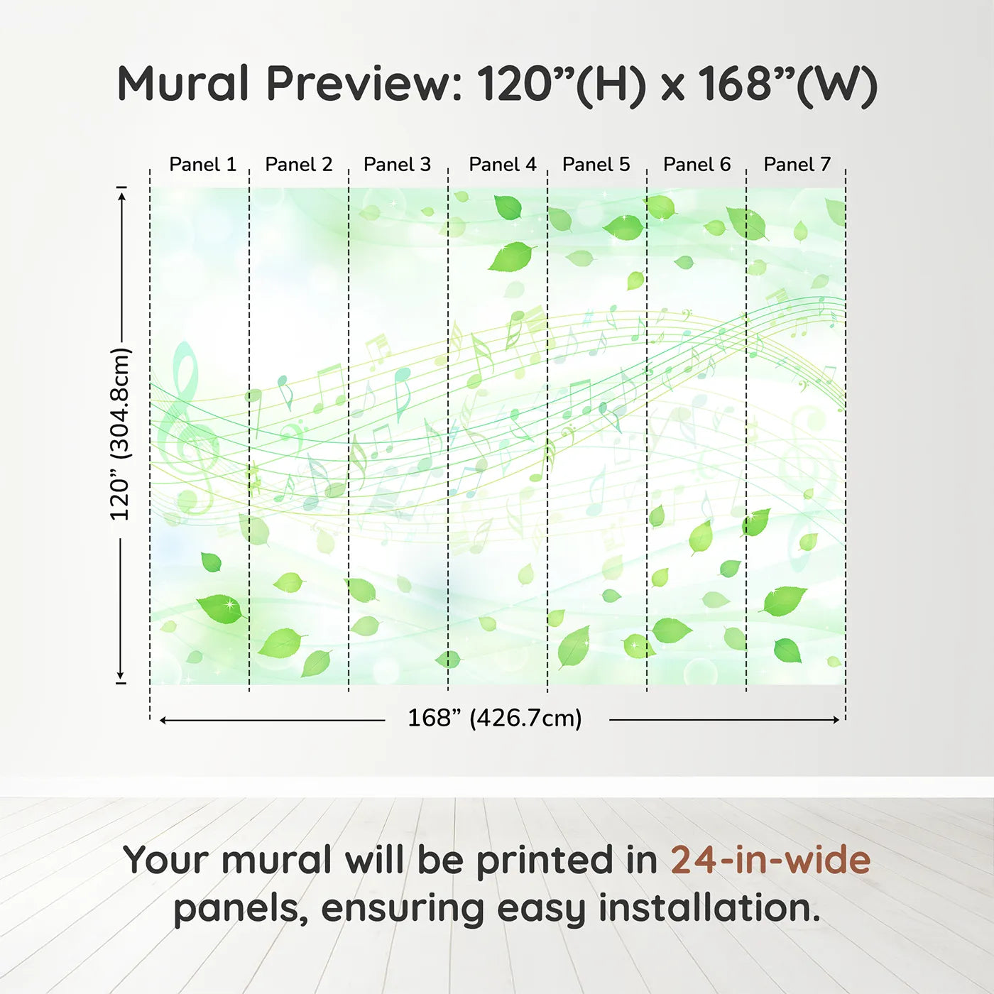 Whimsy Tots Whispering Leaves Melody Wall Muraldimension view (120" H x 168" W). Printed in seven 24-inch-wide panels. Gender-Neutral