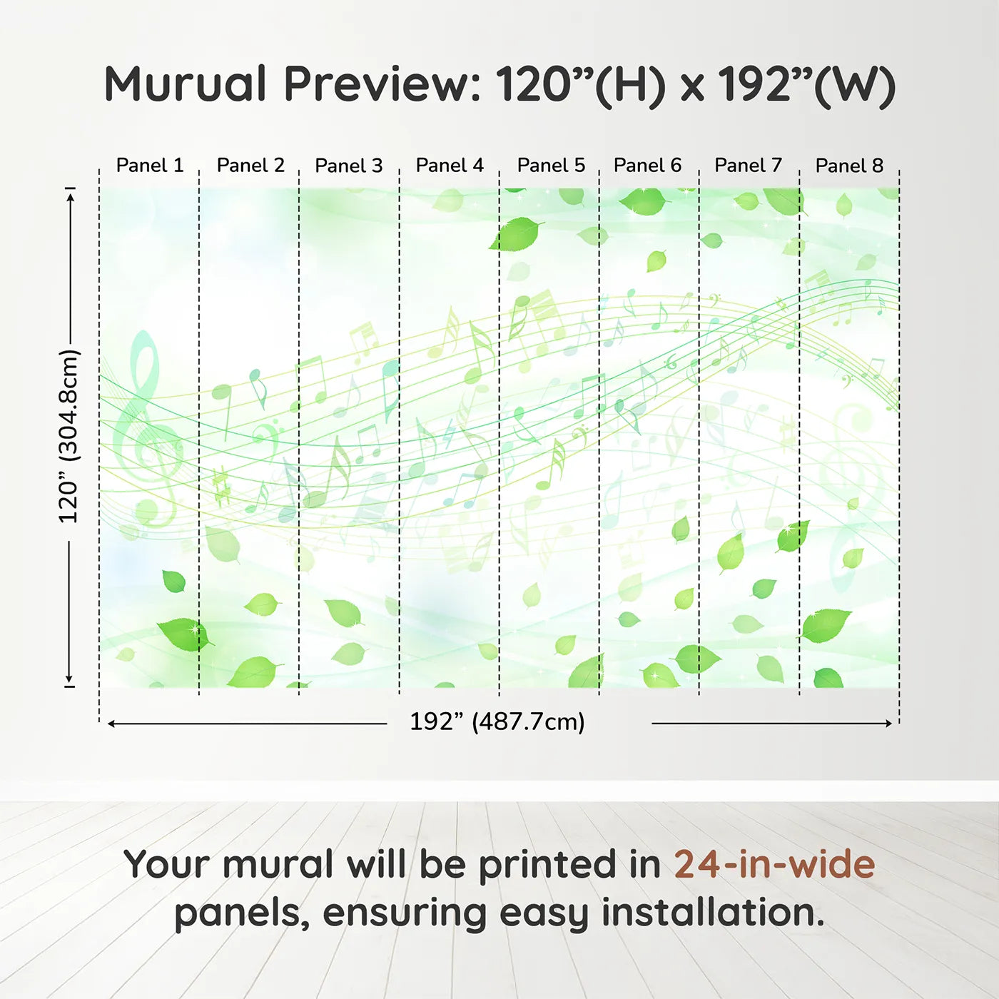 Whimsy Tots Whispering Leaves Melody Wall Muraldimension view (120" H x 192" W). Printed in eight 24-inch-wide panels. Gender-Neutral